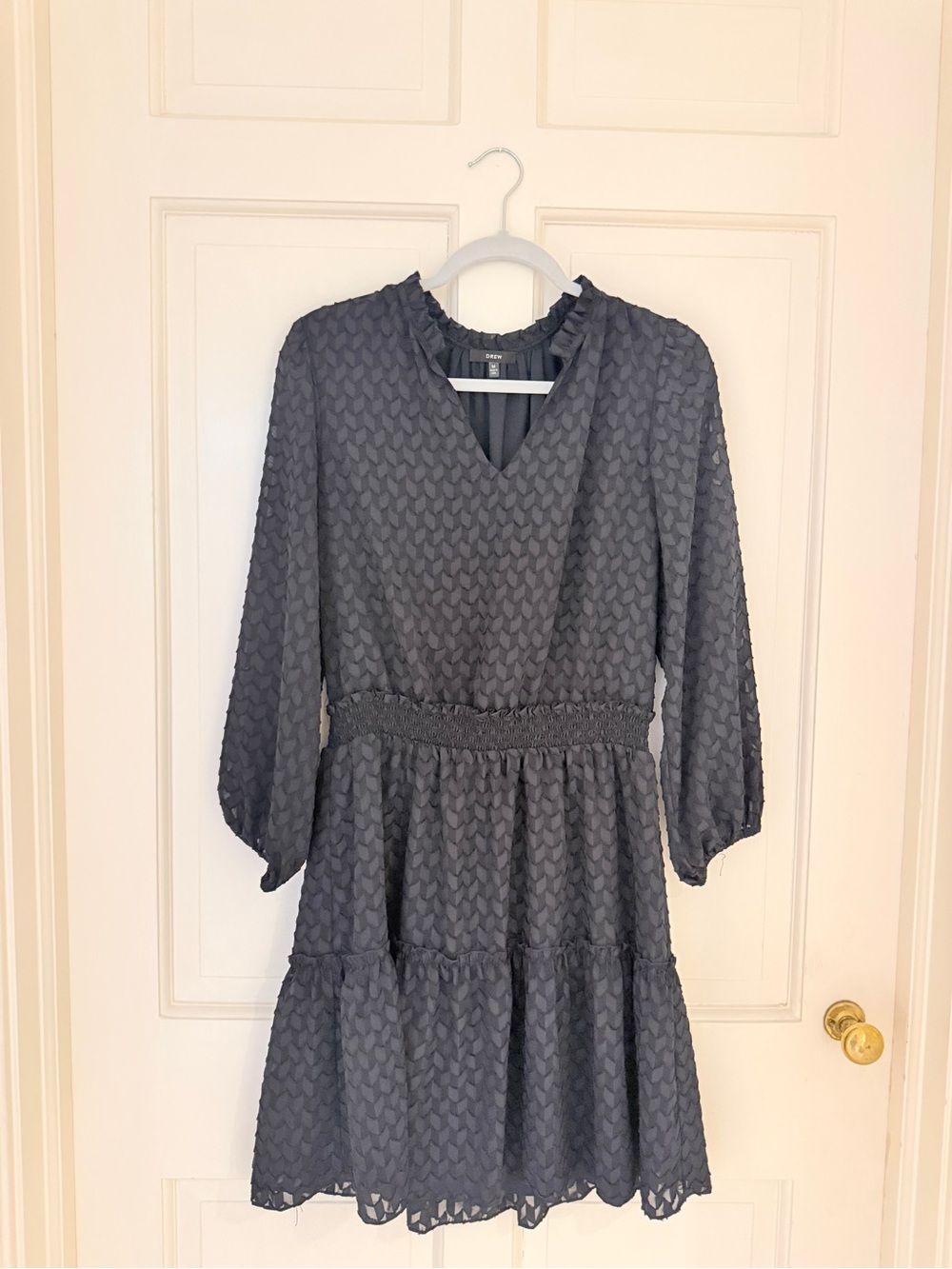DREW Black Textured Tiered V-Neck Long Sleeve Dress